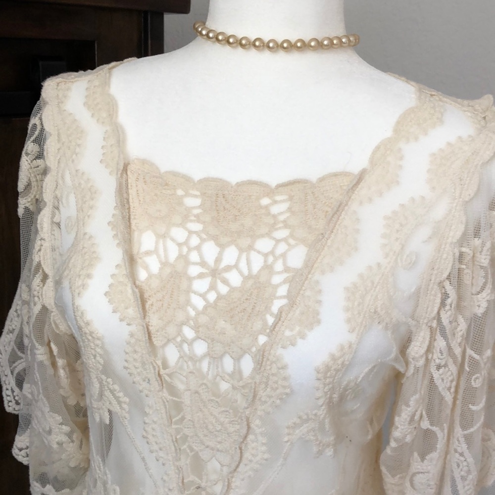 Tunic length sheer lace and crochet top